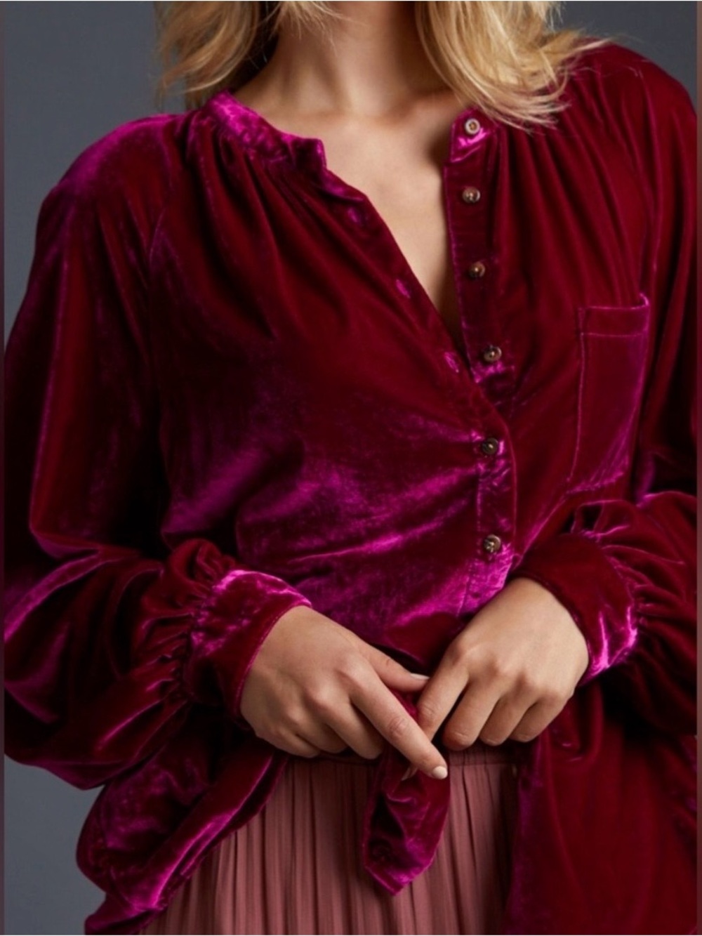 Anthropologie Pilcro Velvet Femme Top S Button Down Pink Blouse Puff Sleeve - Picture 5 of 15